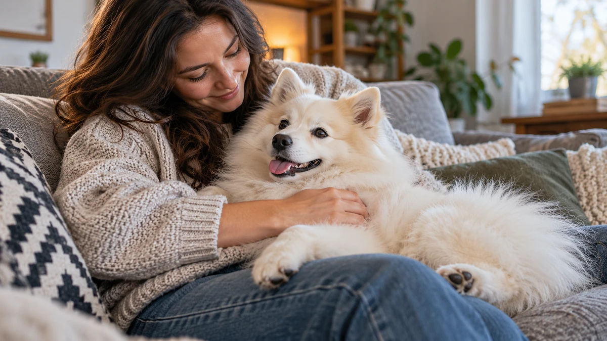 Spitz köpek — sahibinin kucağında