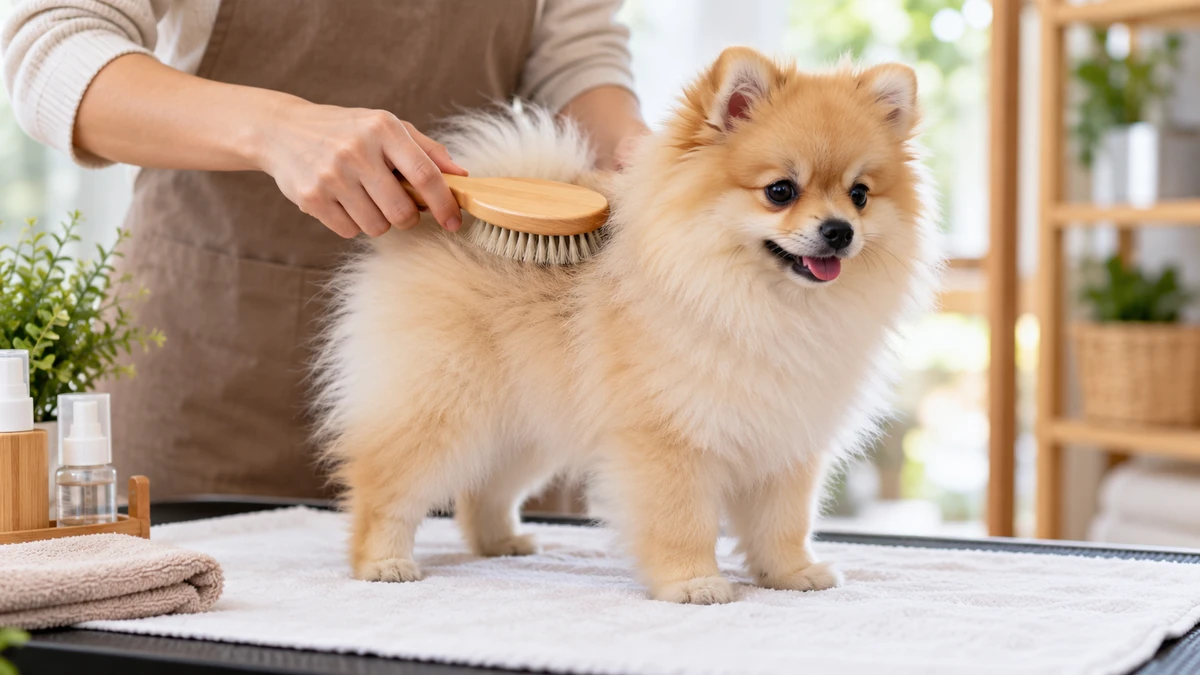Spitz yavru köpek — tüy bakımı ve fırçalama