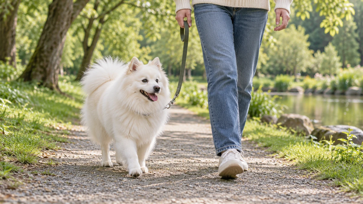 Spitz köpek — parkta yürüyüş ve egzersiz